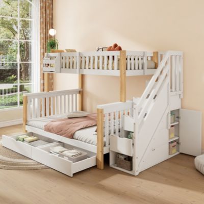 Lit Superposé enfant 90x200 cm/140x200 cm, avec Escalier et Tiroirs, Bois Massif et MDF, Blanc et Bois Naturel, Sans Matelas