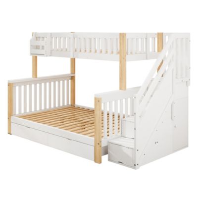 Lit Superposé enfant 90x200 cm/140x200 cm, avec Escalier et Tiroirs, Bois Massif et MDF, Blanc et Bois Naturel, Sans Matelas