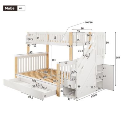 Lit Superposé enfant 90x200 cm/140x200 cm, avec Escalier et Tiroirs, Bois Massif et MDF, Blanc et Bois Naturel, Sans Matelas