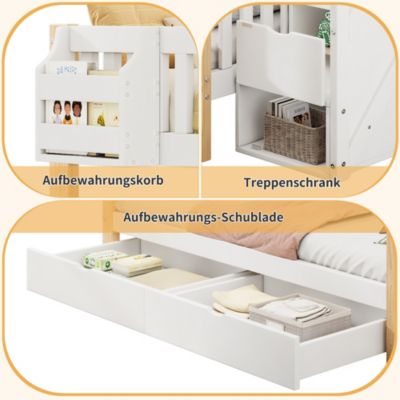 Lit Superposé enfant 90x200 cm/140x200 cm, avec Escalier et Tiroirs, Bois Massif et MDF, Blanc et Bois Naturel, Sans Matelas
