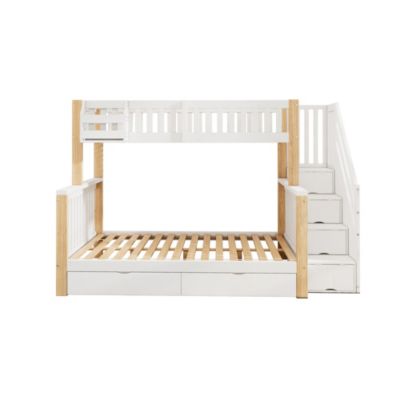 Lit Superposé enfant 90x200 cm/140x200 cm, avec Escalier et Tiroirs, Bois Massif et MDF, Blanc et Bois Naturel, Sans Matelas