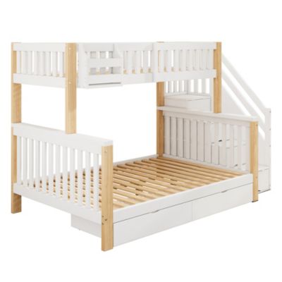 Lit Superposé enfant 90x200 cm/140x200 cm, avec Escalier et Tiroirs, Bois Massif et MDF, Blanc et Bois Naturel, Sans Matelas
