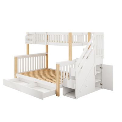 Lit Superposé enfant 90x200 cm/140x200 cm, avec Escalier et Tiroirs, Bois Massif et MDF, Blanc et Bois Naturel, Sans Matelas