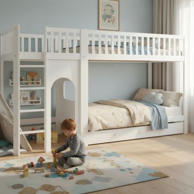 Lit superposé enfant 90x200 cm - avec 1 grand tiroir - avec échelle à 4 marches - bois massif + MDF - blanc (sans matelas)