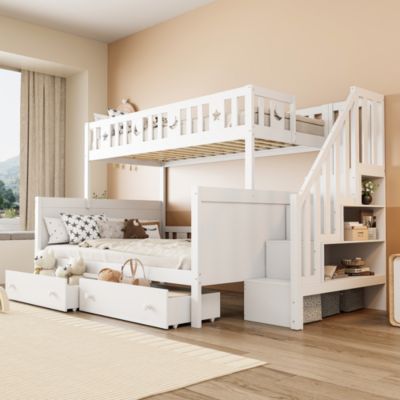 Lit Superposé enfant 90x200 cm avec 2 Tiroirs de Rangement, Lit en Bois Massif avec Échelle de Sécurité, Blanc - Sans Matelas