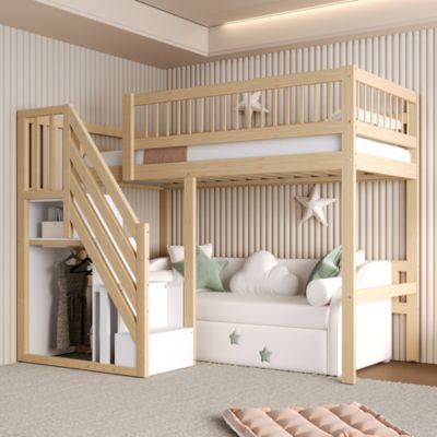 Lit Superposé enfant 90x200 cm avec Escalier Sécurisé et Tiroirs de Rangement, Bois Massif, Naturel
