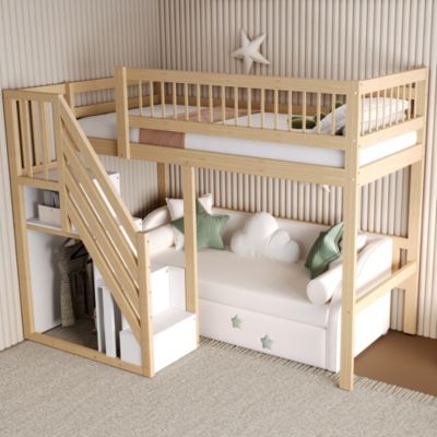 Lit Superposé enfant 90x200 cm avec Escalier Sécurisé et Tiroirs de Rangement, Bois Massif, Naturel