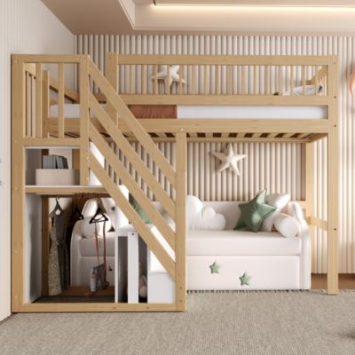 Lit Superposé enfant 90x200 cm avec Escalier Sécurisé et Tiroirs de Rangement, Bois Massif, Naturel