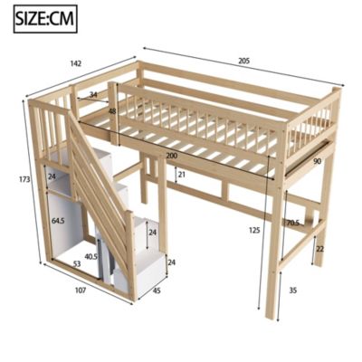 Lit Superposé enfant 90x200 cm avec Escalier Sécurisé et Tiroirs de Rangement, Bois Massif, Naturel