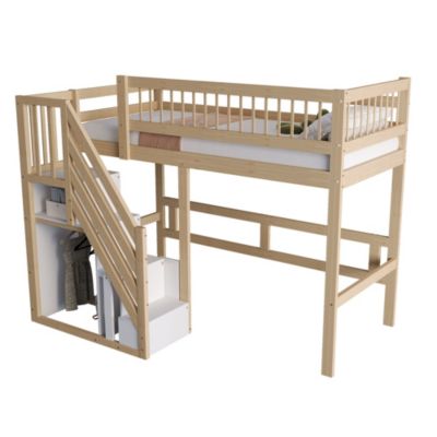 Lit Superposé enfant 90x200 cm avec Escalier Sécurisé et Tiroirs de Rangement, Bois Massif, Naturel