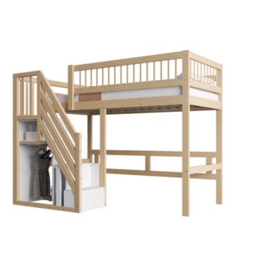 Lit Superposé enfant 90x200 cm avec Escalier Sécurisé et Tiroirs de Rangement, Bois Massif, Naturel