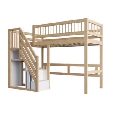Lit Superposé enfant 90x200 cm avec Escalier Sécurisé et Tiroirs de Rangement, Bois Massif, Naturel