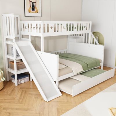 Lit Superposé enfant 90x200 cm avec Lit Gigogne 140x200 cm, Toboggan et Rangement, Bois Massif, Blanc