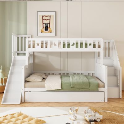 Lit Superposé enfant 90x200 cm avec Lit Gigogne 140x200 cm, Toboggan et Rangement, Bois Massif, Blanc
