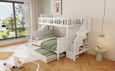 Lit Superposé enfant 90x200 cm avec Lit Gigogne 140x200 cm, Toboggan et Rangement, Bois Massif, Blanc