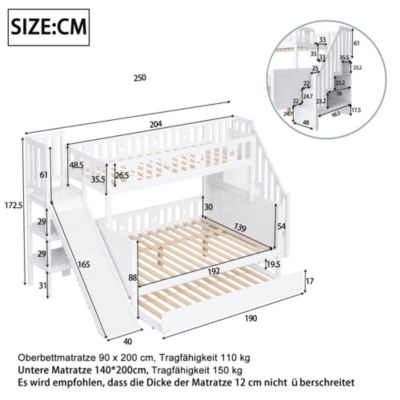Lit Superposé enfant 90x200 cm avec Lit Gigogne 140x200 cm, Toboggan et Rangement, Bois Massif, Blanc