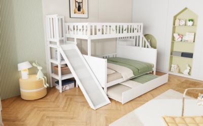 Lit Superposé enfant 90x200 cm avec Lit Gigogne 140x200 cm, Toboggan et Rangement, Bois Massif, Blanc
