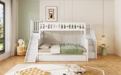 Lit Superposé enfant 90x200 cm avec Lit Gigogne 140x200 cm, Toboggan et Rangement, Bois Massif, Blanc