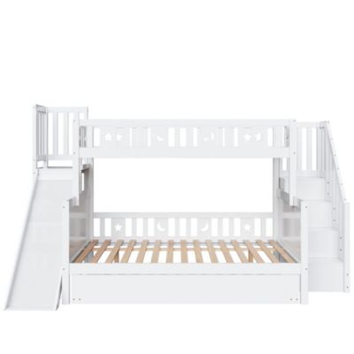 Lit Superposé enfant 90x200 cm avec Lit Gigogne 140x200 cm, Toboggan et Rangement, Bois Massif, Blanc
