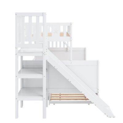 Lit Superposé enfant 90x200 cm avec Lit Gigogne 140x200 cm, Toboggan et Rangement, Bois Massif, Blanc