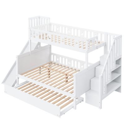 Lit Superposé enfant 90x200 cm avec Lit Gigogne 140x200 cm, Toboggan et Rangement, Bois Massif, Blanc