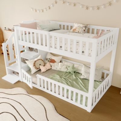 Lit Superposé enfant 90x200 cm avec Rangement et Échelle - deux Lits Séparés MDF + Pin - Sans Matelas, Blanc