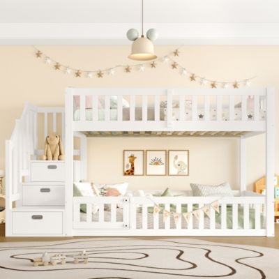 Lit Superposé enfant 90x200 cm avec Rangement et Échelle - deux Lits Séparés MDF + Pin - Sans Matelas, Blanc