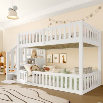 Lit Superposé enfant 90x200 cm avec Rangement et Échelle - deux Lits Séparés MDF + Pin - Sans Matelas, Blanc