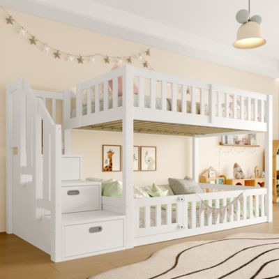 Lit Superposé enfant 90x200 cm avec Rangement et Échelle - deux Lits Séparés MDF + Pin - Sans Matelas, Blanc