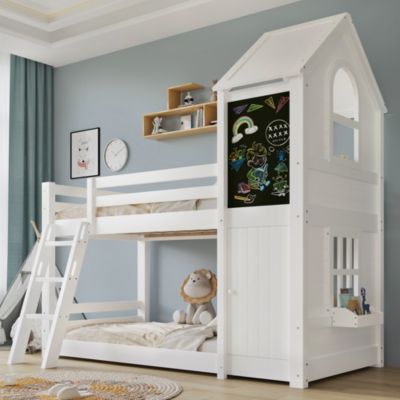 Lit Superposé enfant 90x200 cm - Cabane avec Toit, Fenêtres et Tableau Noir, Escalier Incliné, Pin et MDF, Blanc, Sans Matelas