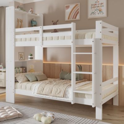 Lit Superposé enfant 90x200 cm, Lit Bois Massif avec Rangement Intégré et Escalier Droit à 3 Marches - Blanc - Sans Matelas