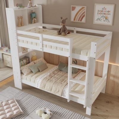 Lit Superposé enfant 90x200 cm, Lit Bois Massif avec Rangement Intégré et Escalier Droit à 3 Marches - Blanc - Sans Matelas
