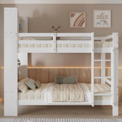 Lit Superposé enfant 90x200 cm, Lit Bois Massif avec Rangement Intégré et Escalier Droit à 3 Marches - Blanc - Sans Matelas