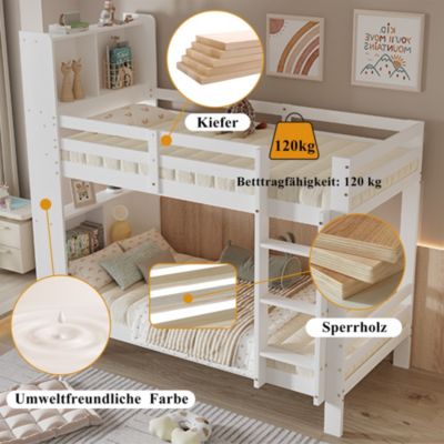 Lit Superposé enfant 90x200 cm, Lit Bois Massif avec Rangement Intégré et Escalier Droit à 3 Marches - Blanc - Sans Matelas