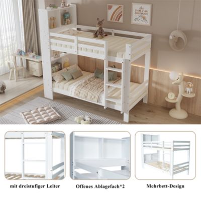 Lit Superposé enfant 90x200 cm, Lit Bois Massif avec Rangement Intégré et Escalier Droit à 3 Marches - Blanc - Sans Matelas