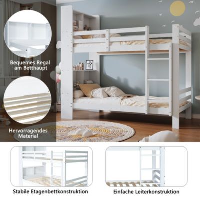 Lit Superposé enfant 90x200 cm, Lit Bois Massif avec Rangement Intégré et Escalier Droit à 3 Marches - Blanc - Sans Matelas