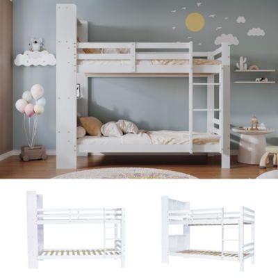 Lit Superposé enfant 90x200 cm, Lit Bois Massif avec Rangement Intégré et Escalier Droit à 3 Marches - Blanc - Sans Matelas