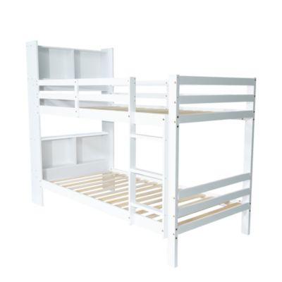 Lit Superposé enfant 90x200 cm, Lit Bois Massif avec Rangement Intégré et Escalier Droit à 3 Marches - Blanc - Sans Matelas