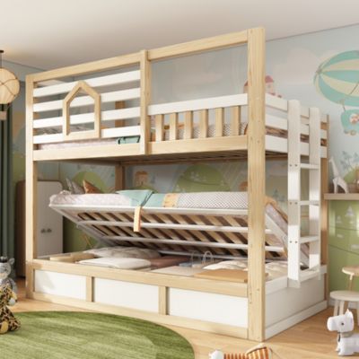 Lit Superposé enfant 90x200cm avec échelle,rangement hydraulique,fenêtre,Cadre de Lit Mezzanine cabane en bois,Blanc+naturel