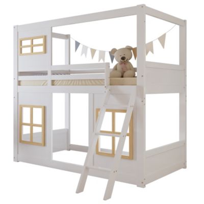 Lit superposé enfant 90x200cm   avec jolies fenêtres   échelle stable   barrière 4 côtés   pin  MDF  contreplaqué   blanc  naturel