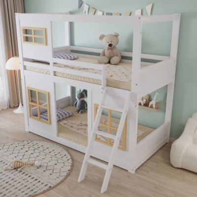 Lit superposé enfant 90x200cm   avec jolies fenêtres   échelle stable   barrière 4 côtés   pin  MDF  contreplaqué   blanc  naturel