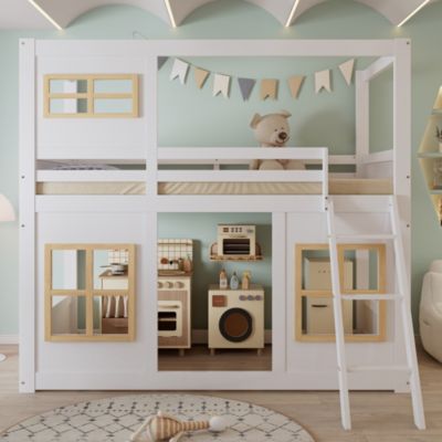 Lit superposé enfant 90x200cm   avec jolies fenêtres   échelle stable   barrière 4 côtés   pin  MDF  contreplaqué   blanc  naturel