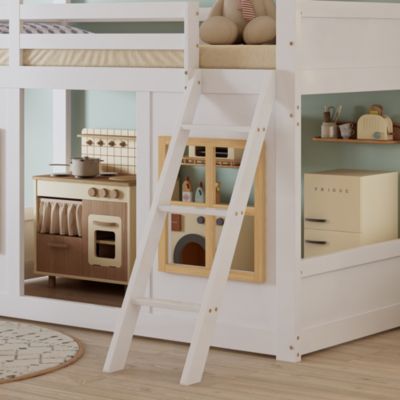 Lit superposé enfant 90x200cm   avec jolies fenêtres   échelle stable   barrière 4 côtés   pin  MDF  contreplaqué   blanc  naturel