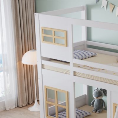 Lit superposé enfant 90x200cm   avec jolies fenêtres   échelle stable   barrière 4 côtés   pin  MDF  contreplaqué   blanc  naturel