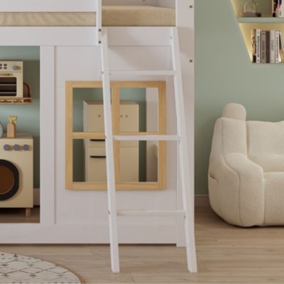 Lit superposé enfant 90x200cm   avec jolies fenêtres   échelle stable   barrière 4 côtés   pin  MDF  contreplaqué   blanc  naturel