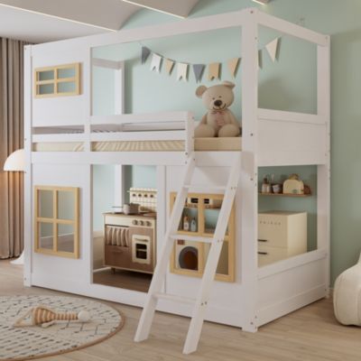 Lit superposé enfant 90x200cm   avec jolies fenêtres   échelle stable   barrière 4 côtés   pin  MDF  contreplaqué   blanc  naturel