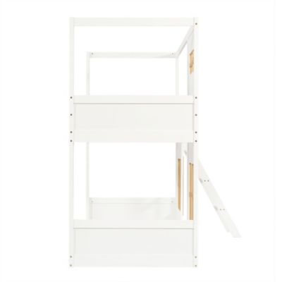 Lit superposé enfant 90x200cm   avec jolies fenêtres   échelle stable   barrière 4 côtés   pin  MDF  contreplaqué   blanc  naturel