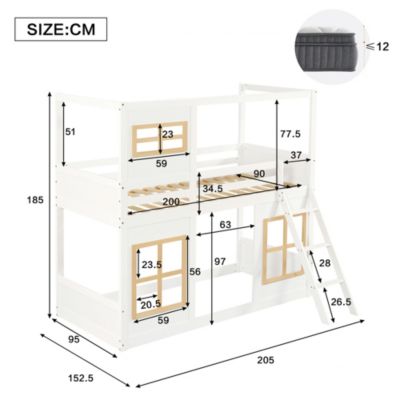 Lit superposé enfant 90x200cm   avec jolies fenêtres   échelle stable   barrière 4 côtés   pin  MDF  contreplaqué   blanc  naturel