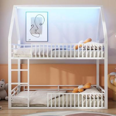 Lit superposé enfant - LEMONBEST - Lit cabane (maison) - 140 x 200 cm - Métal acier - LED 7 couleurs