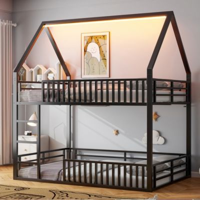 Lit superposé maison 140x200cm LED avec barrière, noir